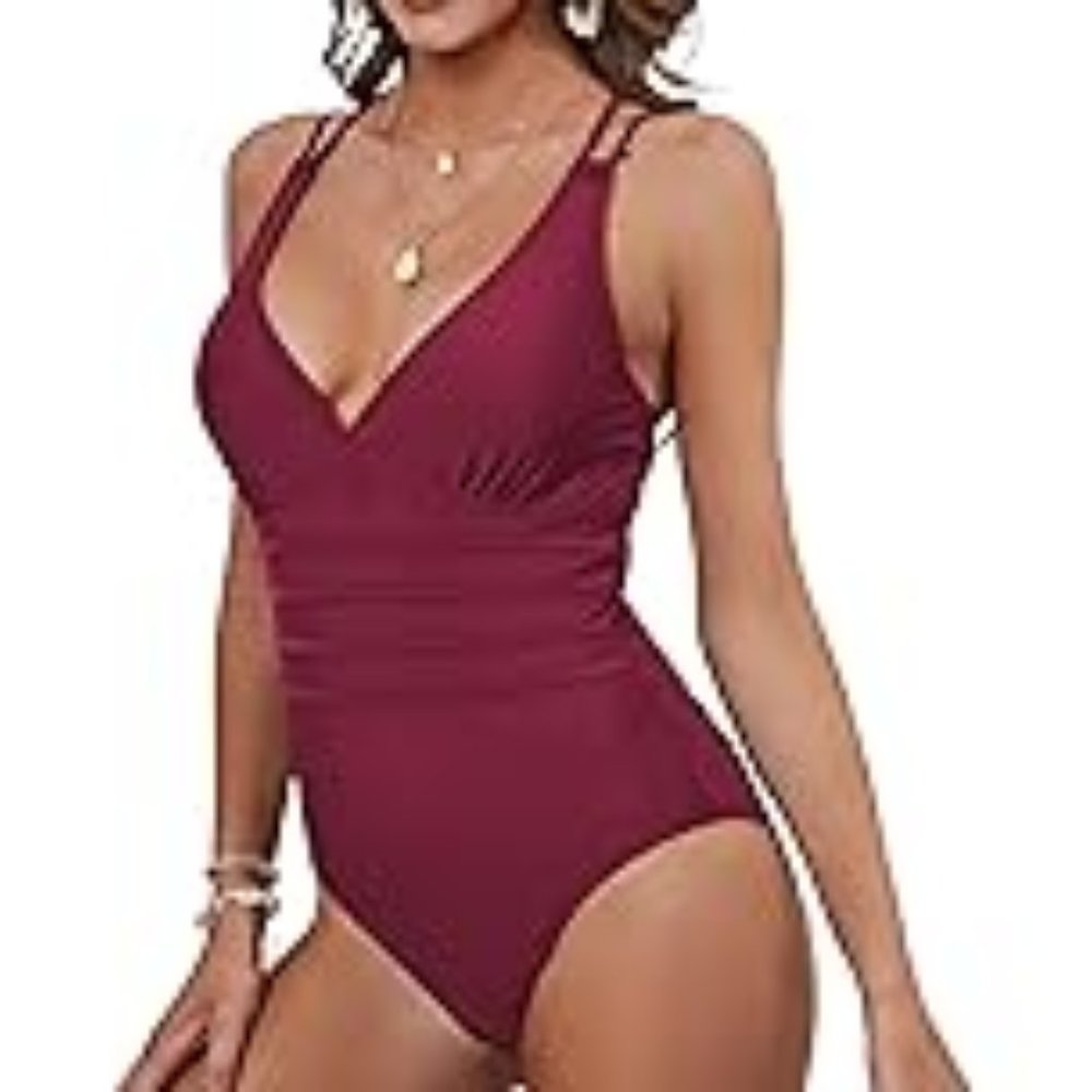 Women's Tummy Control Sexy Racerback One Piece Swimsuits Size XL Color Wine Red